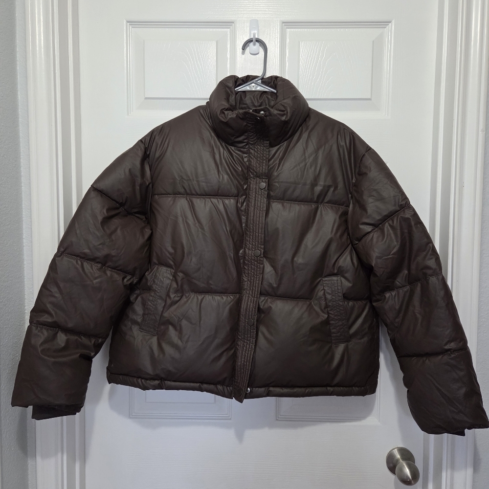 Express Women Brown Vegan Leather Cropped Puffer Jacket Size XL - Picture 4 of 15
